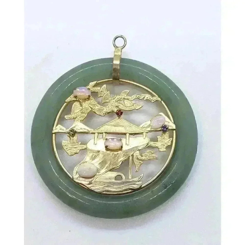 Vintage Jade Aventurine Eternity Circle Pendant Gold Filled Opal Rhinestone